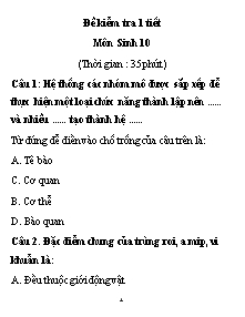 Đề kiểm tra 1 tiết Môn Sinh 10