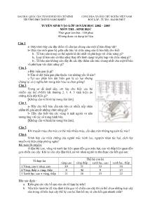 Đề thi tuyển sinh vào lớp 10 năm học 2002 – 2003 môn thi: Sinh học