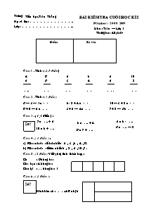 Bài kiểm tra cuối học kì I năm học: 2008 - 2009 môn: Toán lớp 1 - Trường tiểu học Toàn Thắng