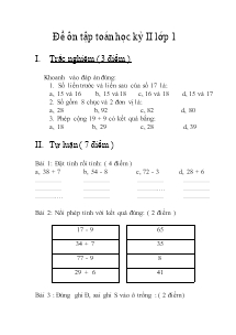 Đề ôn tập Toán học kỳ II lớp 1