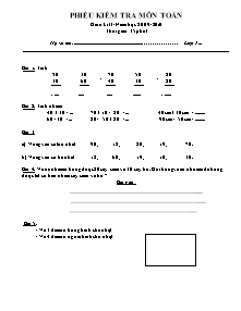 Phiếu kiểm tra môn Toán giữa kì II - Năm học 2009 - 2010