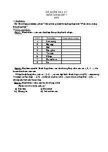 Đề kiểm tra 15 phút môn Sinh lớp 7